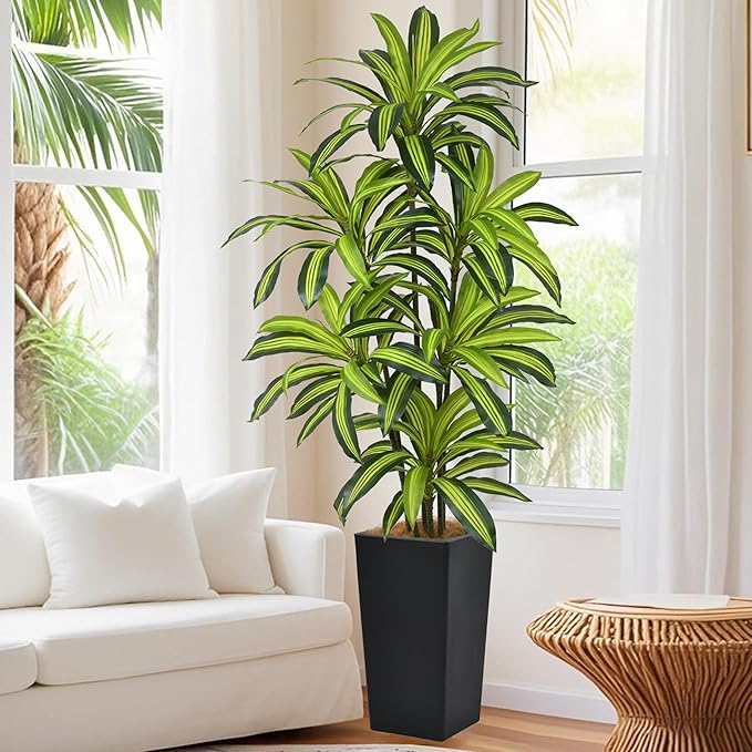 Artificial Dracaena Tree 6FT(72in) Tall Fake Silk Yucca Tree with Black Planter, Faux Floor Potted Artificial Plants for Home Office Living Room Indoor Decor (6feet,Tall Pot)