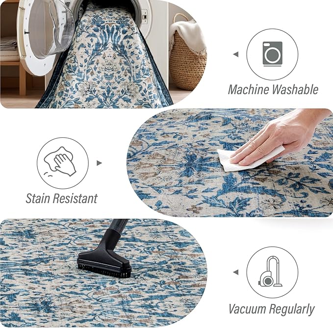 Woaboy Washable 8x10 Area Rug for Living Room Bedroom Dining Room Under Kitchen Table,Non-Slip Low Pile Stain Resistant Soft Large Carpet for Vintage Floral Oriental Home Decor Blue
