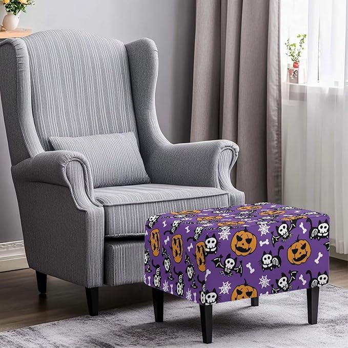 Spooky Halloween Ottoman Cover with Pumpkins, Bats & Ghosts - Stretchable, Form-Fit Slipcover for Rectangular Footstools, Easy Install & Care (30x24x15 Inch)