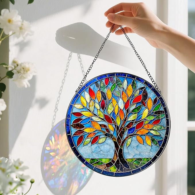 8-Inch Stained Glass Ornament, Stained Glass Window Hanging, Suncatcher Window Hanging, Home Decor, Tree of Life Ornament | Mother's Day, Christmas, Birthday, Housewarming | Gifts for Mom & Friend
