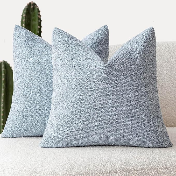 Foindtower Set of 2, Decorative Textured Boucle Throw Pillow Covers Accent Solid Pillow Cases Neutral Soft Cozy Couch Cushion Case for Chair Sofa Bedroom Living Room Home Decor 16 x 16 Inch Light Blue