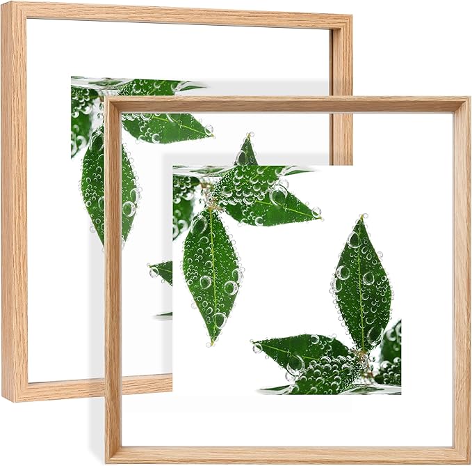 12x12 Floating Frames 2 Pack Wooden Photo Frame Double Sided Glass Picture Frame for Any Size Picture up to 12x12, Wall Mount or Tabletop Displays, Double-edged Frames, Natural