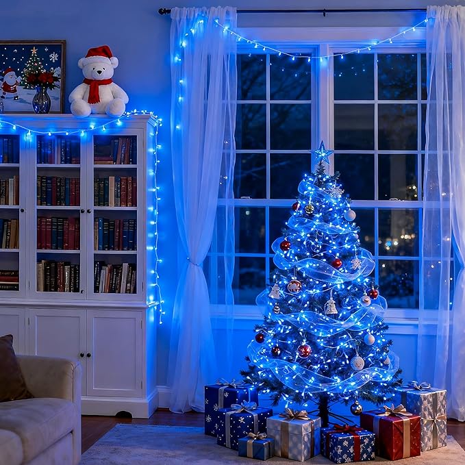 JMEXSUSS 163 FT 500 LED Blue Christmas Lights Outdoor, Waterproof Blue String Light Plug in, 8 Modes Clear Wire Christmas String Lights for Tree Yard Patio House Party Decorations