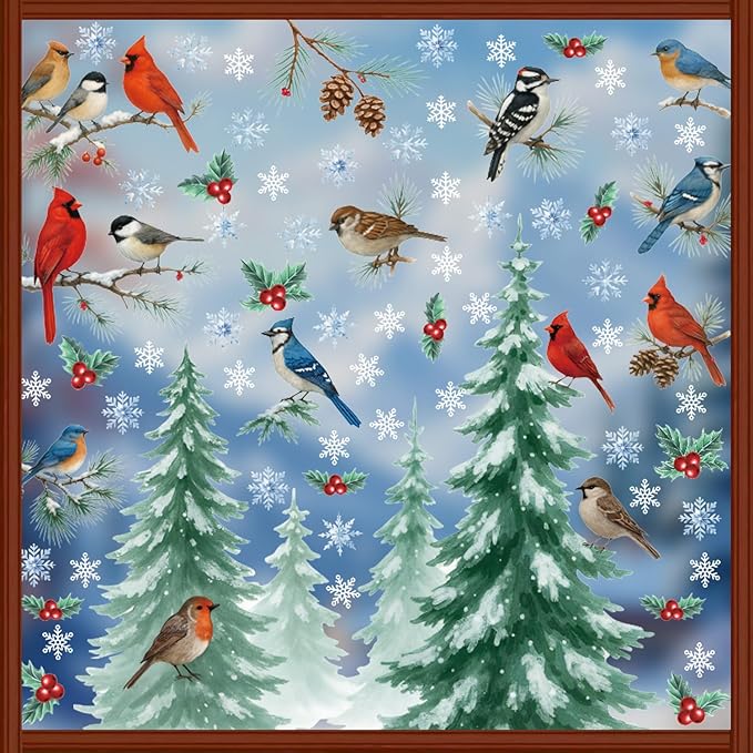 Christmas Tree Window Clings Birds Pine Branch,Cardinal Window Clings,Winter Snowflake Wall Decals Red Birds,Xmas Tree Wall Sticker Snow Winter for Glass Home Party Living Room Kitchen
