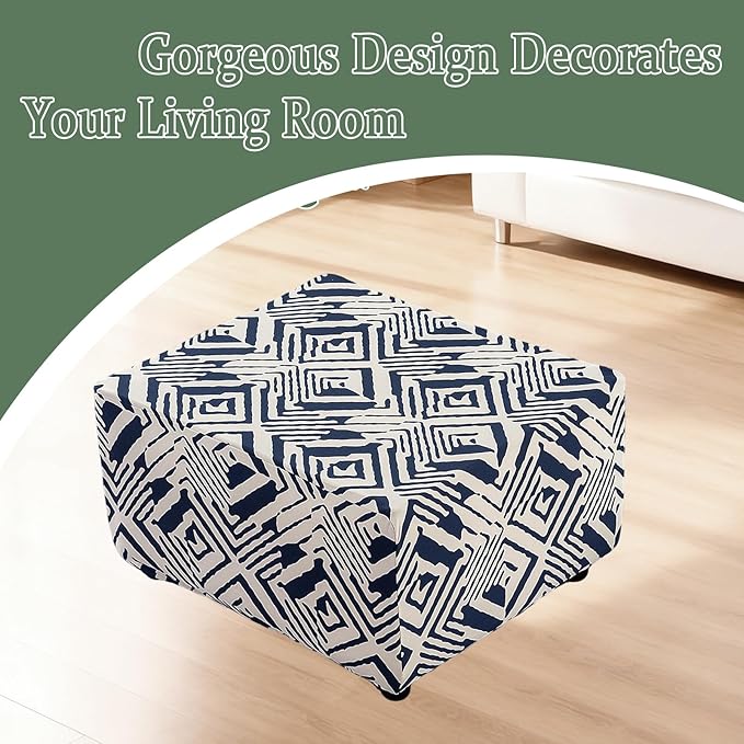 HAOYONG Ottoman Cover Square, Stretch Ottoman Slipcover Printed, SoftFoot Stool Cover Protector with Nonslip Elastic Bottom Removable Washable