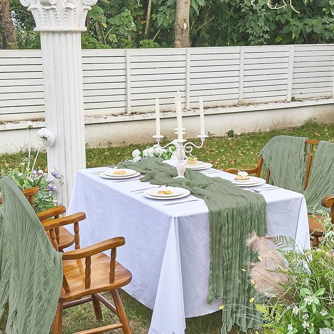 IVAPUPU 6 Pcs Cheesecloth Table Runner - 10ft Sage Green Boho Gauze Cheese Cloth Table Runners for Baby Shower Decoration Wedding Party Summer Garden Farmhouse