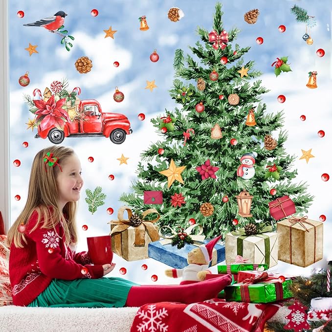 Large Christmas Tree Wall Decals Merry Christmas Wall Stickers Christmas Truck Wall Decals Peel and Stick,Watercolor Pine Tree Stickers for Window Decor Living Room Kids Room Gift Xmas Party Supplies