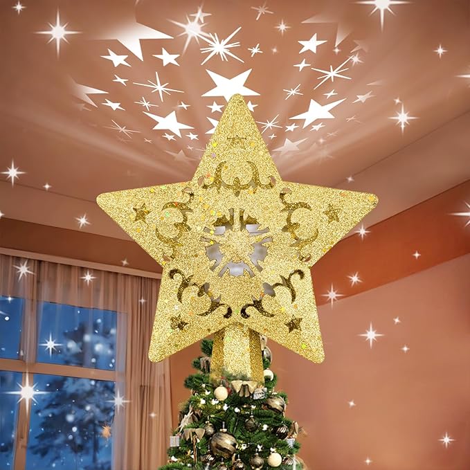 Christmas Star Tree Topper with Rotating LED Projector Lights, 3D Gold Glitter 5-Point Star, Plug-in Tree Top Ornament for Indoor Christmas Tree Decorations Holiday Decor