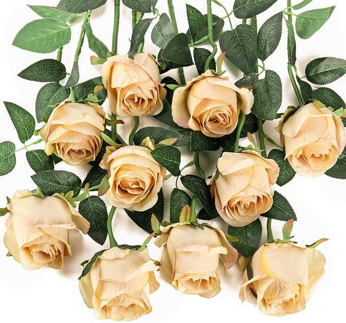 Flojery 10pcs Artificial Rose Flowers Long Stem Fake Silk Roses for DIY Wedding Bouquet Table Centerpiece Home Decor,Champagne