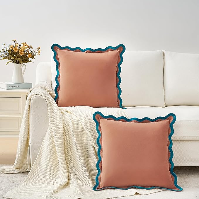 MONDAY MOOSE Decorative Throw Pillow Covers Cushion Cases, Set of 2 Soft Velvet Scalloped Wavy Edge Designs, Mix and Match for Home Decor, Pillow Inserts Not Included (20x20 inch, Teal/Pink)