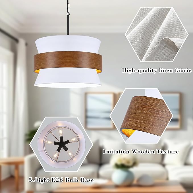 5 Lights White Drum Farmhouse Chandelier for Dining Room,19.68" Modern Large Drum Fabric Light fixture,Adjustable Rustic Metal Imitation Wood Round Pendant Light for Living Room Kitchen Island Bedroom