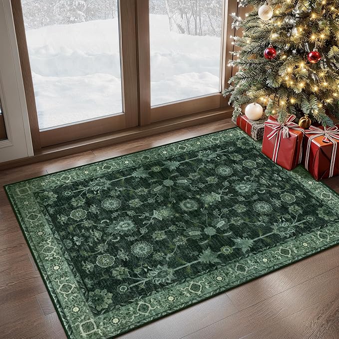 Tangsoo Green Washable Entry Rug, 2x3 Small Area Throw Rugs for Entryway Non Slip, Distressed Vintage Floral Thin Rug for Kitchen Bedroom, Low Pile Floor Carpet Front Door Mat for Entrance Foyer Decor