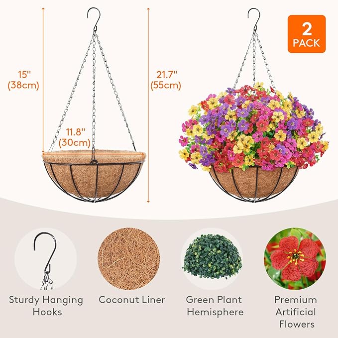 Lifewit Artificial Hanging Daisy Flowers Baskets for Outdoor Decor, 2 Sets for 24 Bundles, Plastic Fake Flowers for Indoor Garden Porch Patio Balcony, Mix for Fuchsia Purple Yellow Red