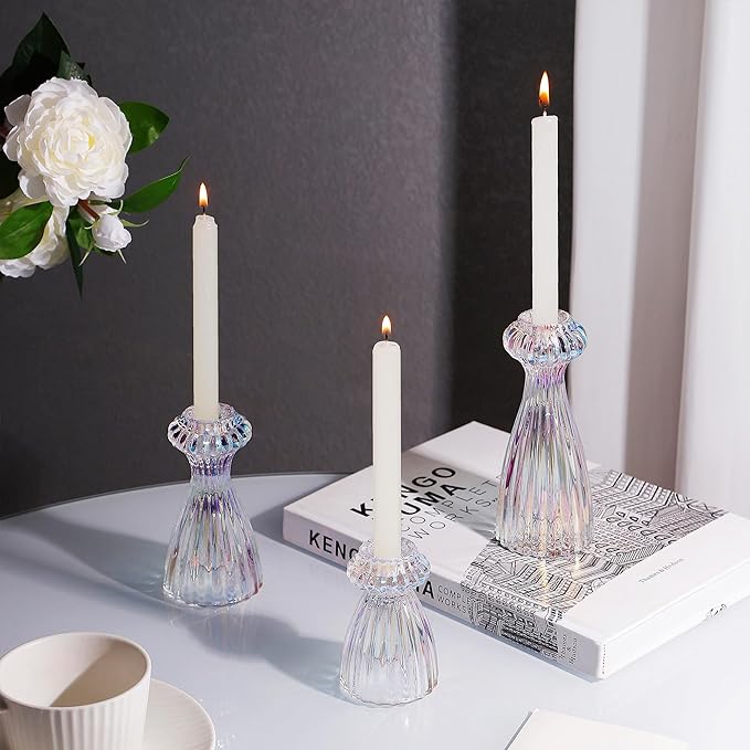 Lysenn Glass Candle Stick Holder Set of 3 – Premium Taper Candle Holders for Romantic Ambiance - Candle Sticks Holder Decor for Special Occasions - Iridescent