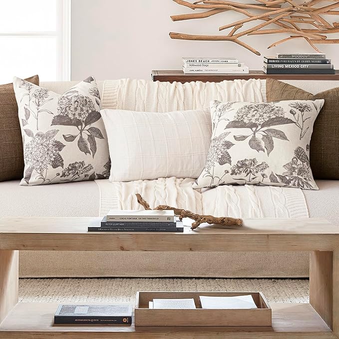 Foindtower Set of 2 Linen Floral Vintage Throw Pillow Covers Neutral Accent Decorative Cushion Covers Farmhouse Boho Home Decor for Sofa Chair Couch Bedroom Living Room,18×18 Inch,Light Gray