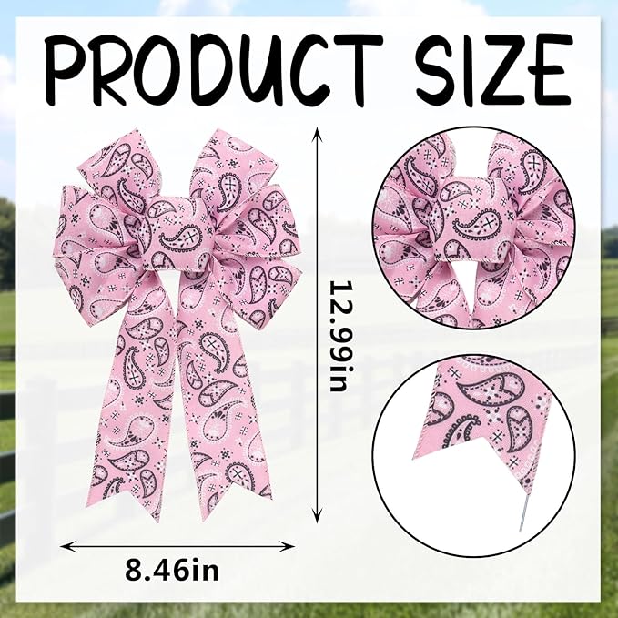 ALIBBON 2 Pcs Bandana Bows for Wreaths, Paisley Cashew Floral Wreath Bows, Pink Bandana Ribbon Bow for Front Door, Western Cowboy Decor Tree Topper Bows for Indoor Outdoor Home Holiday Decorations