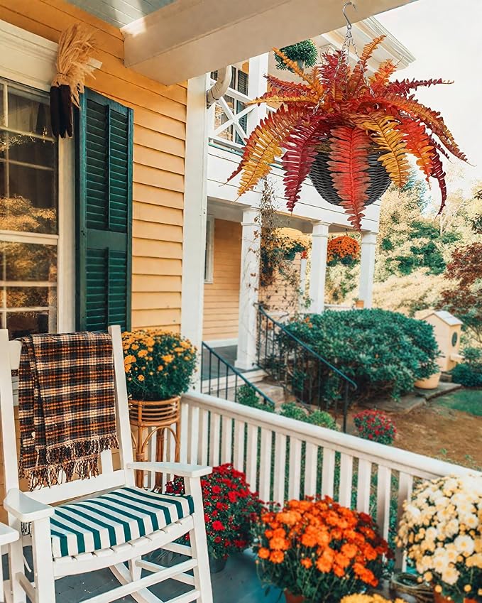 Hollyone Fall Artificial Fern Fall Hanging Baskets Outdoor Indoor Silk Plant Boston Ferns Autumn Potted Plants with Black Rattan Pot for Fake Fern Bush Plant Patio Garden Farmhouse Home Decor Orange