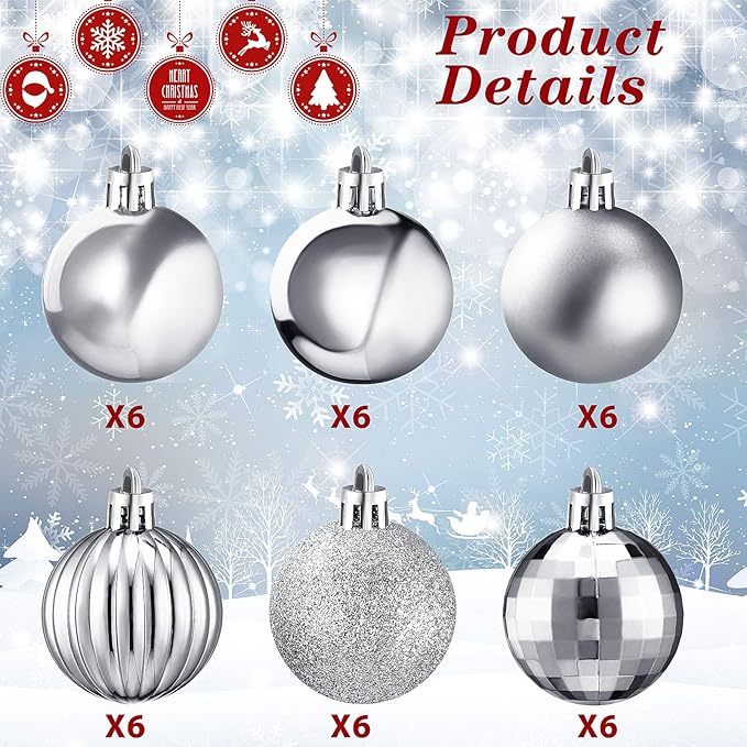 36 Pieces Christmas Ball Ornaments Shatterproof Christmas Decorations Tree Balls for Tree Ornaments Holiday Wedding Party Decoration Hooks 1.57 Inch (Sliver)