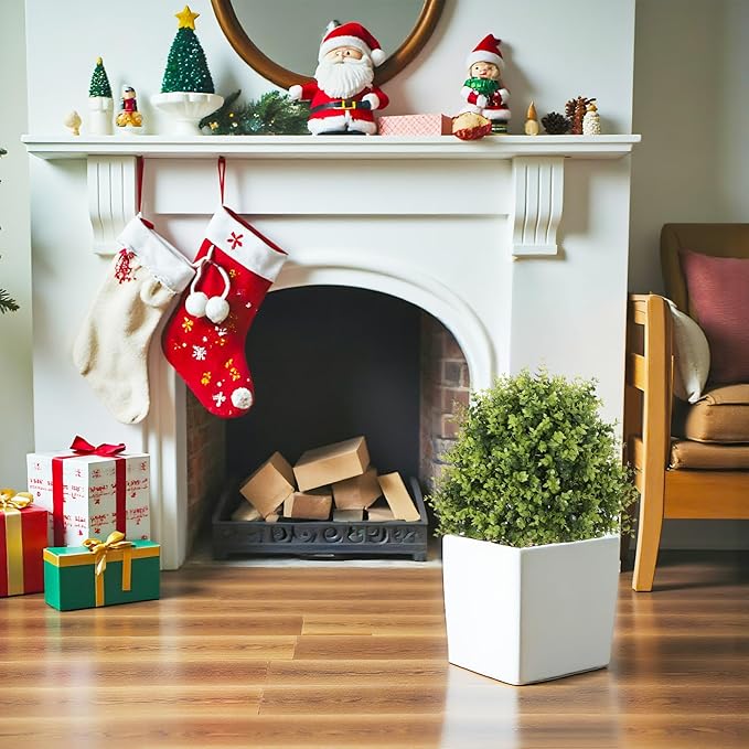 24" Faux Boxwood Plants Outdoor, Artificial Topiary Ball Trees Set of 2, UV Resistant Fake Potted Evergreen Realistic Greenery Bushes Shrubs for Outside Front Porch Planter Patio Indoor Decor 2ft Tall