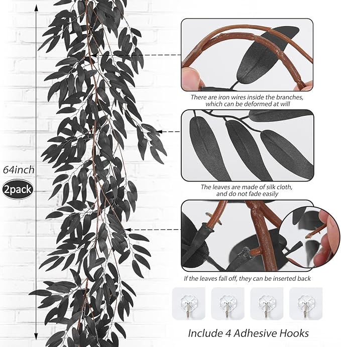 RECUTMS Artificial Hanging Willow Leaves Vine Twigs 2Pcs 5.7Ft Halloween Black Leave Garland Fake Silk Willow leaf Ivy Faux Greenery Plant for Indoor Outdoor Jungle Birthday Fall Christmas Party Decor