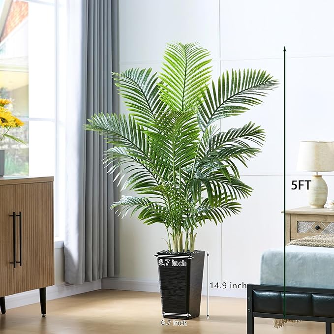 Artificial Palm Tree 5FT - Tall Fake Tree with Black Taper Planter & Pebbles, UV Resistant for Indoor & Outdoor, Large Potted Faux Plant, Tropical Areca Floor Plant for Living Room, Office, Home Decor