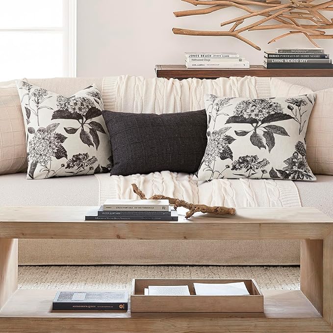 Foindtower Set of 2 Linen Floral Vintage Throw Pillow Covers Neutral Accent Print Decorative Cushion Covers Farmhouse Boho Home Decor for Sofa Chair Couch Bedroom Living Room,22×22 Inch,Black