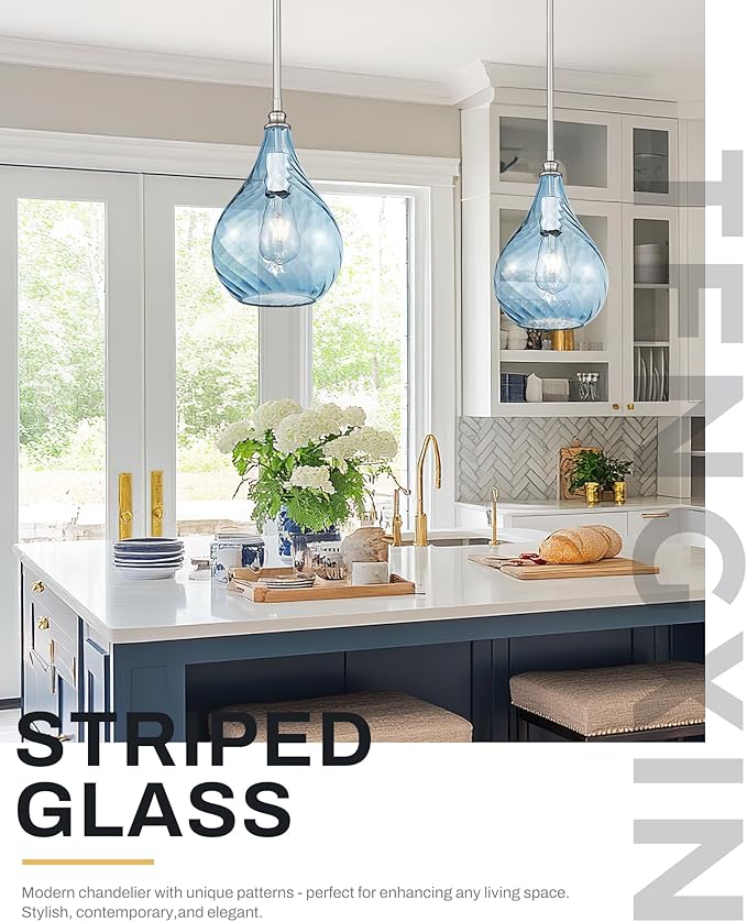 TENGXIN 8 Inch Hanging Light for Kitchen Island,Kitchen Pendant Lighting Over Island,Brushed Nickel Finished Blue Glass Pendant Light,Farmhouse Pendant Light for Dining Room,TXPLBN13-L
