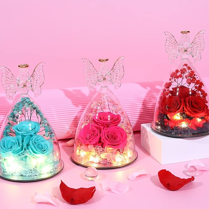 Mothers Day Mom Gifts for Women Preserved Flowers in Glass Angel Forever Flowers Gifts Eternal Roses Gifts for Grandma - Pink