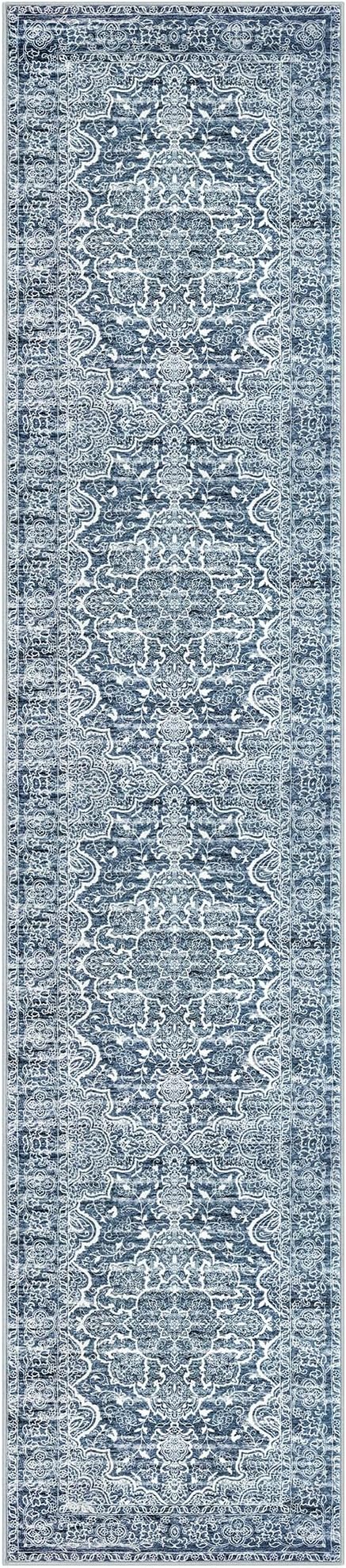 KUTA Vintage Floral Washable Runner Rug 2.6x12, Non-Slip Hallway Kitchen Rugs Blue White with Rubber Backing,Ultra Soft Printed Distressed Modern Extra Long 12ft Carpet Runners Indoor for Bedroom