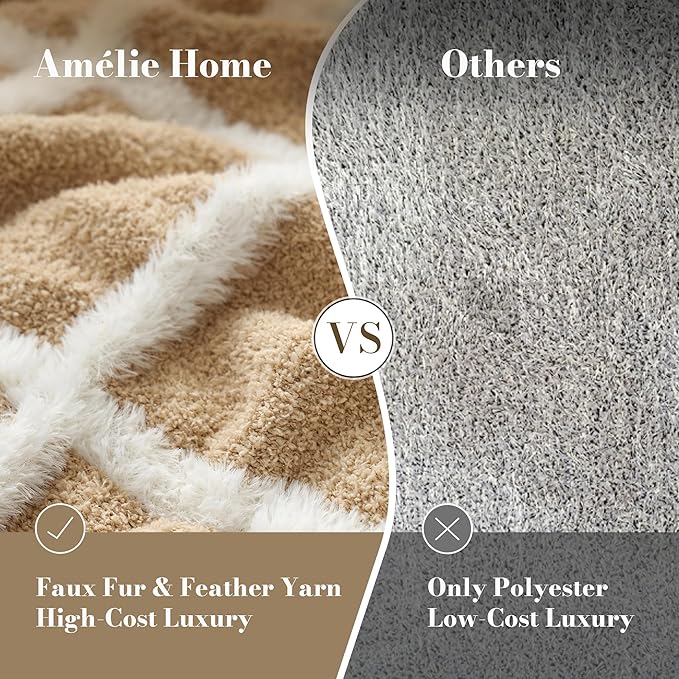 Amélie Home Cable Knit Throw Blanket for Couch, Bicolour Super Soft Fuzzy Blanket for Sofa, Luxury Cozy Fluffy Throw for Room Decor, 50" x 60", Plaid Beige