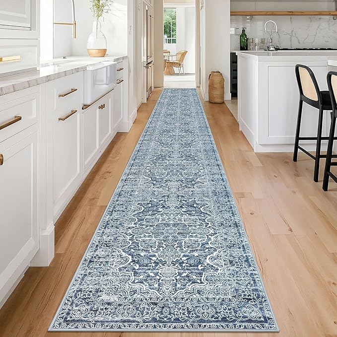 KUTA Extra Long Runners for Hallways 2.6x18ft Non-Slip Washable, Blue White Vintage Kitchen Rug, Stair Runners Indoor Ultra Soft Printed Floral Medallion Carpet for Bedroom Living Room Nursery