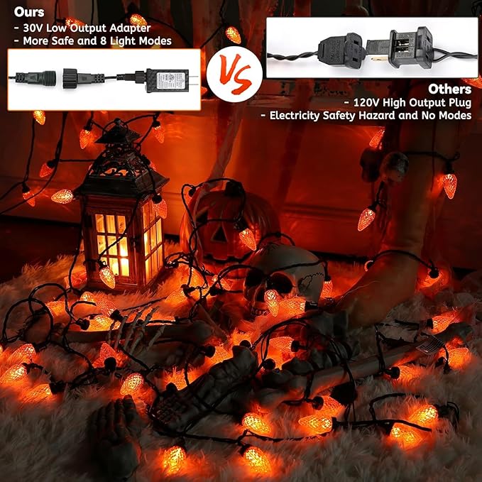 Halloween C9 LED String Lights, 82ft 100 LED Waterproof Strawberry String Light, Plug in Extendable Black Wire Halloween Lights String for Outside Decoration, Orange