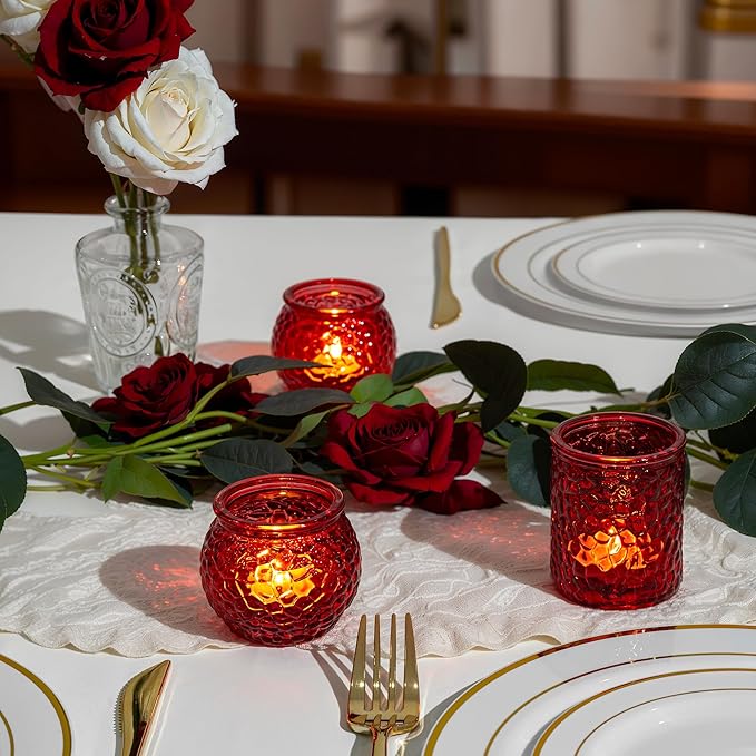 24-Piece Red Glass Votive Candle Holders Set – Tealight Candle Holder Glass Bulk with 12 Round & 12 Hammered Textured Cups, Red Votive Candle Holders for Weddings, Parties, Home