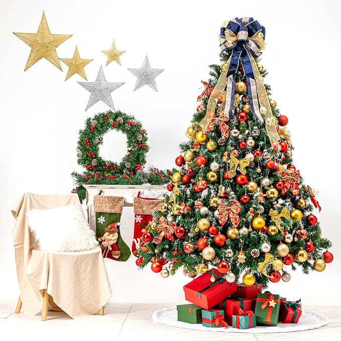 Blue Gold Christmas Tree Bow Topper - 33x13 Inches Large Gift Bow Handmade Decoration for Wreaths
