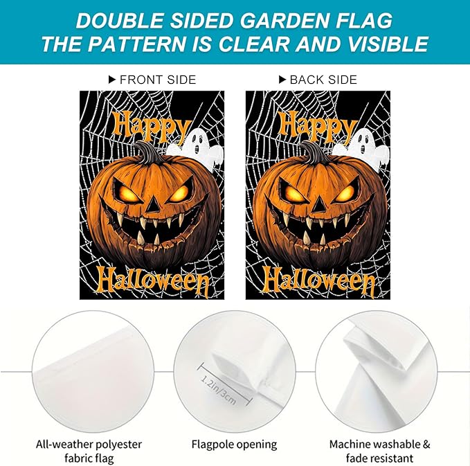 Halloween Garden Flag Double Sided 12x18 Inch Scary Pumpkin Ghost Spider Web Yard Sign Gothic Spooky Outdoor Banner Creepy Jack Lantern Face Holiday Lawn Porch Decoration