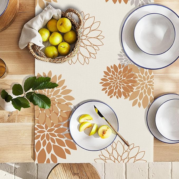Fall Table Runner Orange Grey Dahlia Pinnata Floral Table Runners Modern Elegant Farmhouse Geometric Coffee Table Center Decor for Autumn Home Kitchen Dining Party 13 x 90 Inch