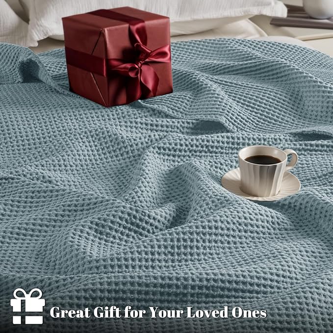 PHF 100% Cotton Waffle Weave Blanket King Size for Bed,Snag Proof Lightweight Breathable Moisture-Wicking Throw for Couch,Great for Layering in Cold Weather,Machine Washable,Home Decor Gift-Ocean