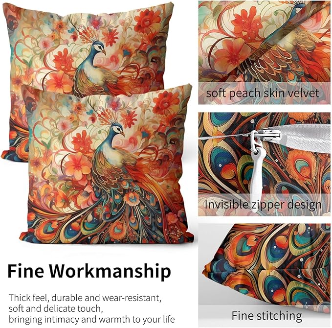 Peacock Pillow Protectors with Zipper Standard Size Coquette Bird Animal Pillow Covers Set of 2 Boho Floral Pillowcases Vintage Chinoiserie Colorful Flowers Bed Pillow Covers 30"X20"