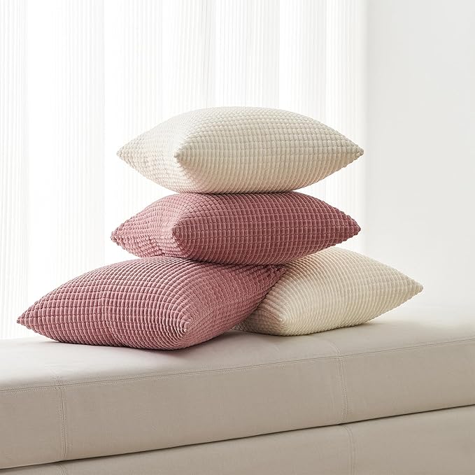 Topfinel Cream White Decorative Throw Pillow Covers 18x18 Inch Set of 4 for Living Room Couch Bed Sofa, Boho Natural Farmhouse Home Decor, Soft Plush Corduroy Cute Square Beige Cushion Case 45x45 cm