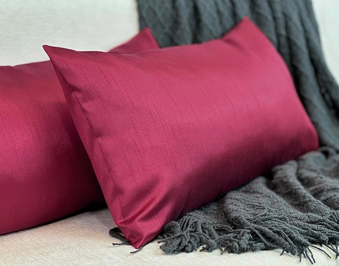 Aiking Home 12x24 Inches Faux Silk Rectangular Throw Pillow Cover, Zipper Closure, Burgundy (Set of 2)