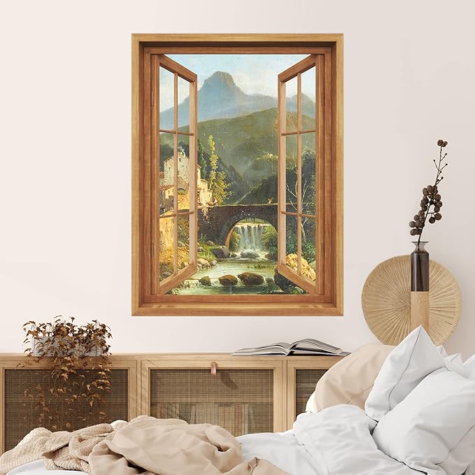 SIGNWIN Removable Wall Sticker/Wall Mural Window View Vintage European Bridge Mountain Nature Wilderness Fine Art Rustic Decorative Landscape Digital Art for Living Room, Bedroom, Office - 36"x48"
