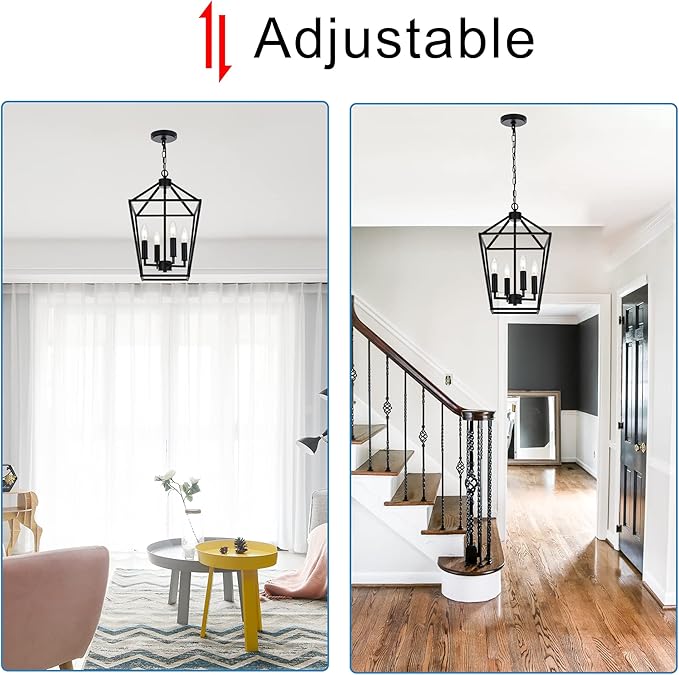 MELUCEE Farmhouse Chandelier 4 Lights Lantern Pendant Light in Black Finish Vintage Openwork Cage Hanging Light Ceiling for Kitchen Island Dining Room Hallway Entryway, E12 Base