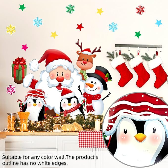 Christmas Wall Stickers Decor- Flower Wall Decals Peel and Stick Xmas Santa, Reindeer, Gifts Removable Wall Art for Home Party Office Classroom Winter Holiday (E)