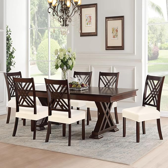 SearchI Waterproof PU Dining Chair Seat Covers Set of 4, Soft Removable Washable Seat Covers for Dining Chairs, Dining Room Seat Cover Protector (Rear-Covered, PU Cream)