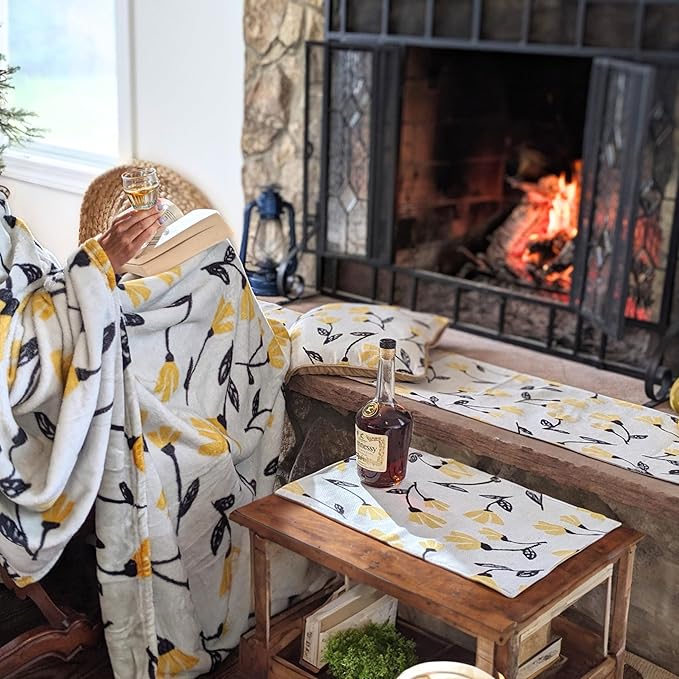 DaDa Bedding Floral Fleece Throw Blanket - Soft Faux Mink Flannel with Yellow Orange Tulips on Grey - Cozy & Elegant Home Decor - 63" x 90"