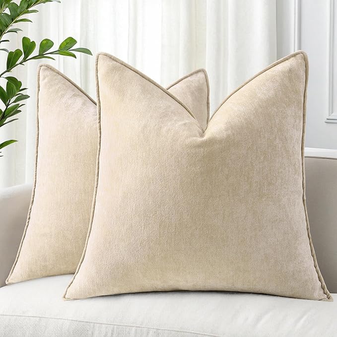 decorUhome Christmas Couch Throw Pillow Covers 20x20 Set of 2, Decorative Soft Euro Velvet Neutral Chenille Pillow Covers with Elegant Design for Sofa Bed Living Room Home Decor, Beige