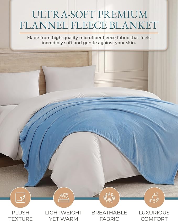 Casa Platino Fleece Throw Blanket – Soft Flannel Couch Blanket 50x60 – Lightweight & Cozy for All Seasons – Great Gift for Women, Men, Travel or Home -Light Blue