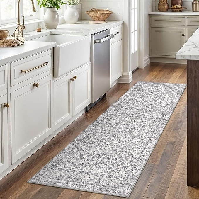 2x6 Washable Runner Rug for Hallways, Grey Soft Neutral Vintage Kitchen Rugs with Non-Slip, Non-Shedding Distressed Floral Rug for Bedroom Kitchen Porch Laundry Entryway