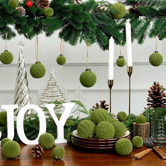 XmasExp 36PCS Velvet Christmas Ornaments Set Mixed Flocked Balls Ornaments Shatterproof Christmas Tree Decorations for Holiday,Party,Home（Green）
