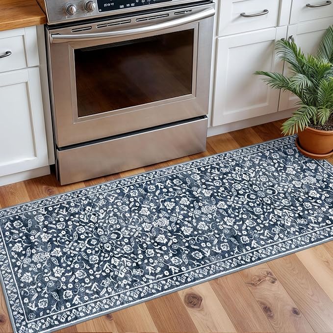 Vintage Washable 2x5 Rug Runner, Navy Runners for hallways, Super Soft Kitchen Runner Rug Non Slip, Print Faux Wool Floral Thin Carpet Runner for Entryway Indoor Bedroom